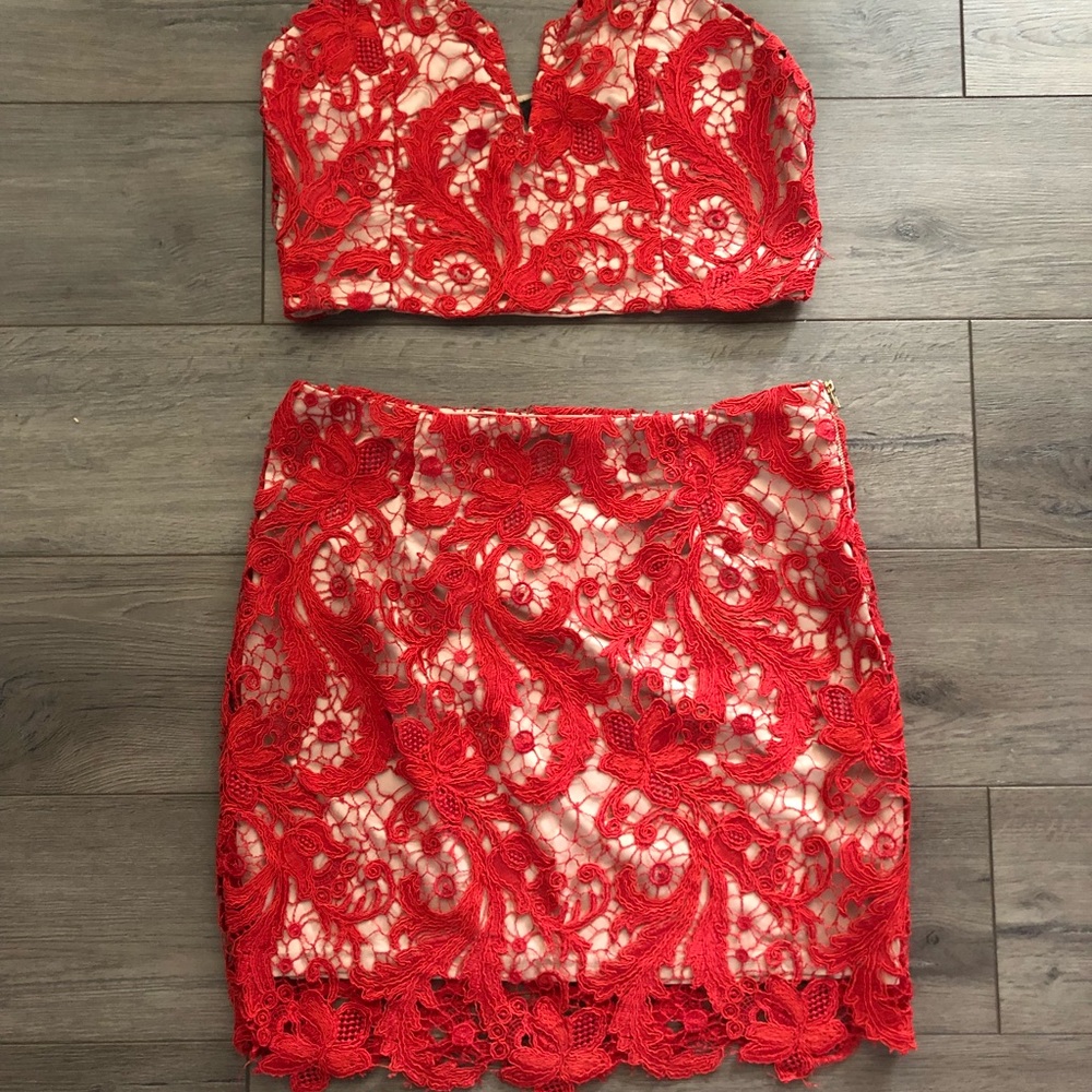 Red lace two piece midi set